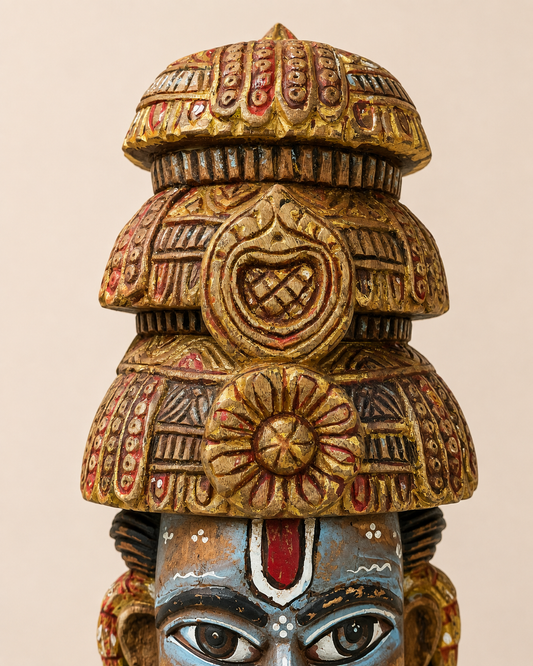 Shiva Inspired Hand-Painted Wooden Face Sculpture