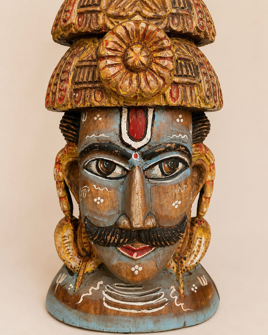 Shiva Inspired Hand-Painted Wooden Face Sculpture