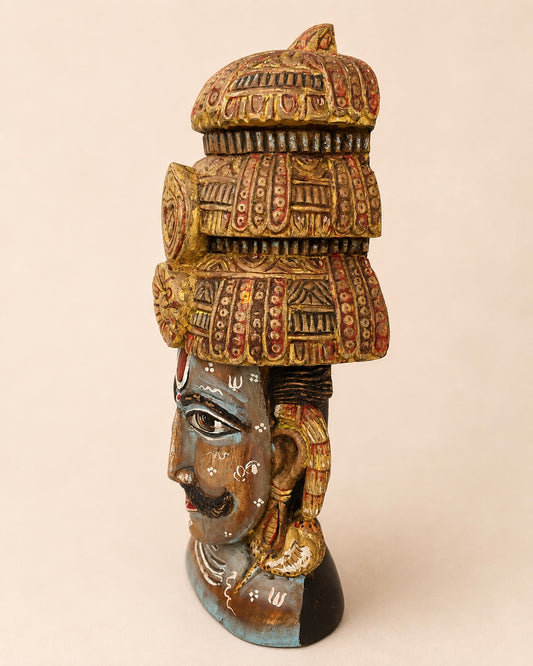 Shiva Inspired Hand-Painted Wooden Face Sculpture