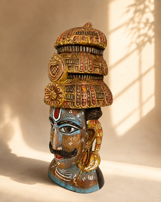 Shiva Inspired Hand-Painted Wooden Face Sculpture