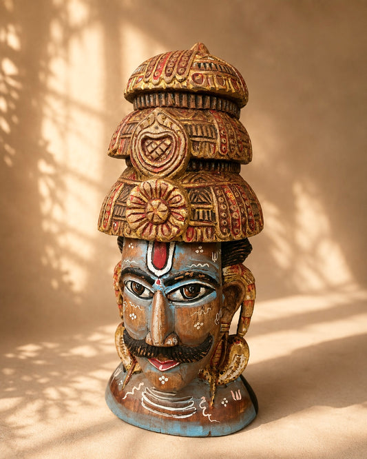 Shiva Inspired Hand-Painted Wooden Face Sculpture