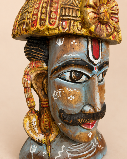Shiva Inspired Hand-Painted Wooden Face Sculpture