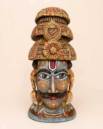 Shiva Inspired Hand-Painted Wooden Face Sculpture