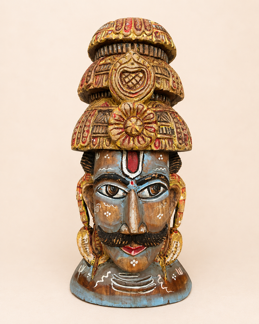 Shiva Inspired Hand-Painted Wooden Face Sculpture