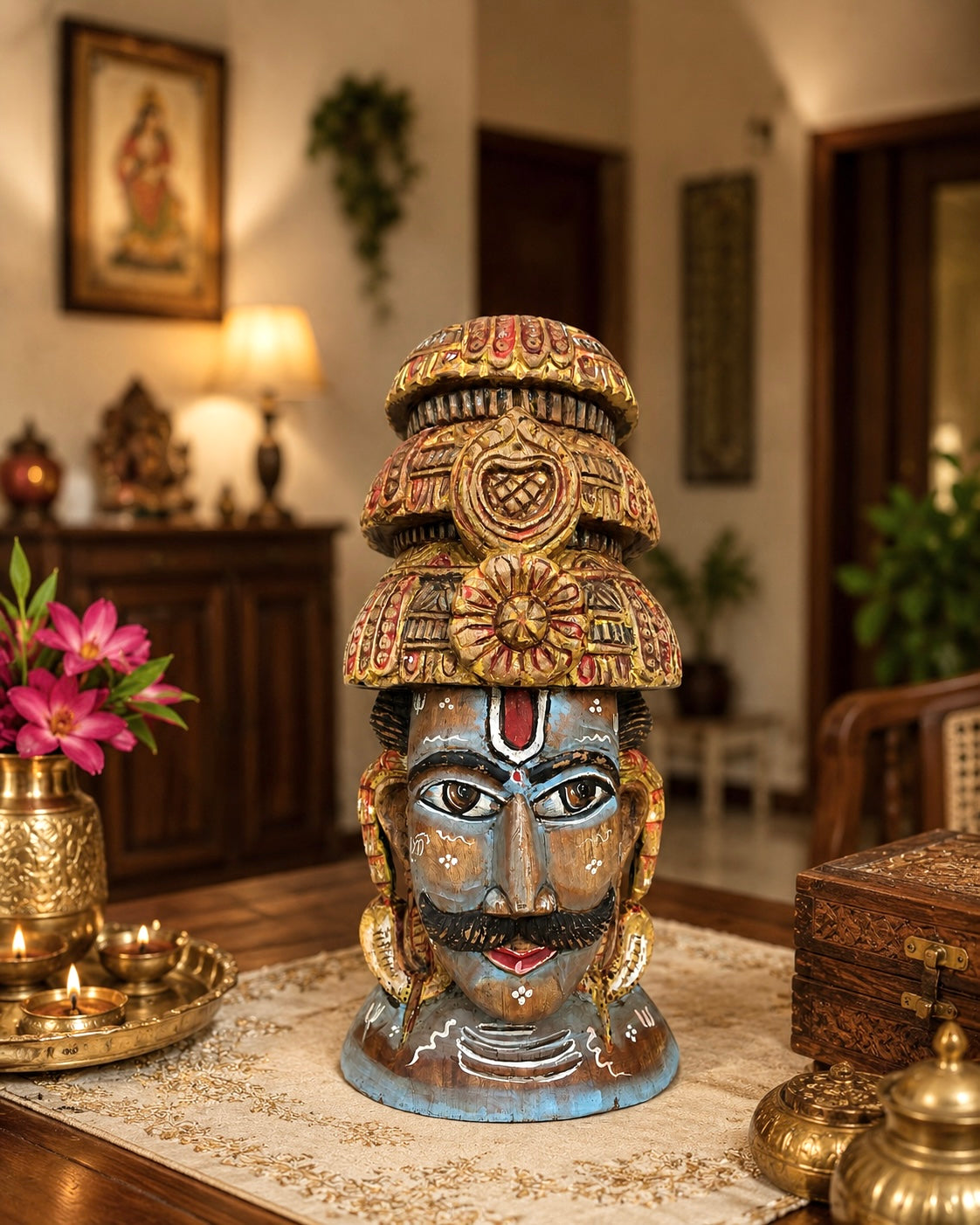 shiva inspired hand-painted wooden face sculpture
