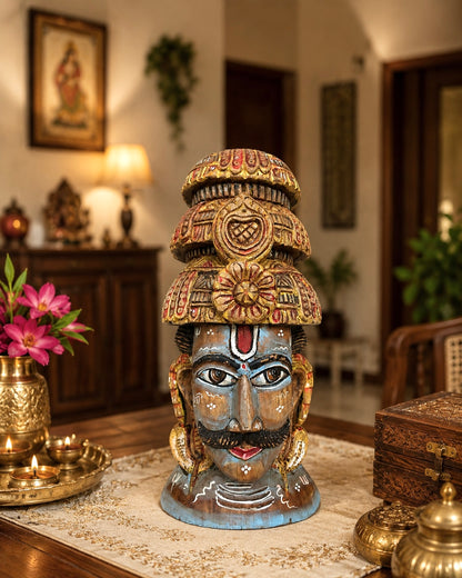 Shiva Inspired Hand-Painted Wooden Face Sculpture