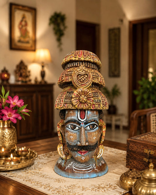 Shiva Inspired Hand-Painted Wooden Face Sculpture