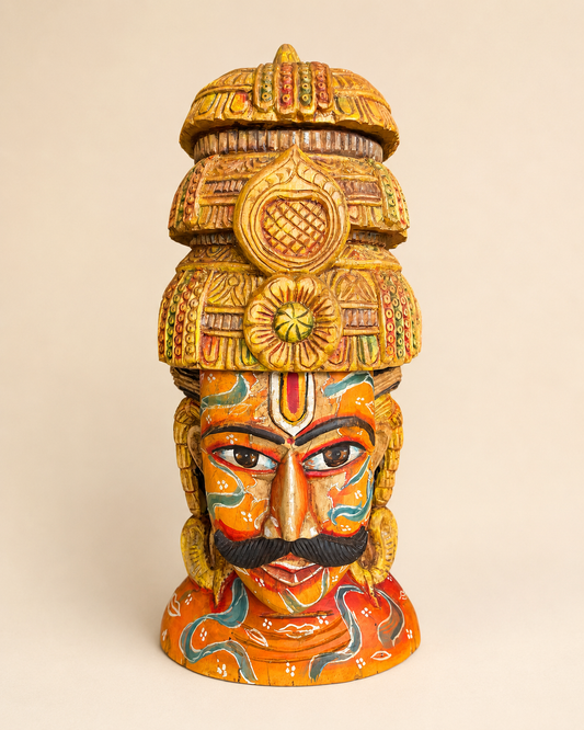 Handcrafted Wooden Maharaja Bust with Radha Krishna Artwork | Indian Royal Sculpture