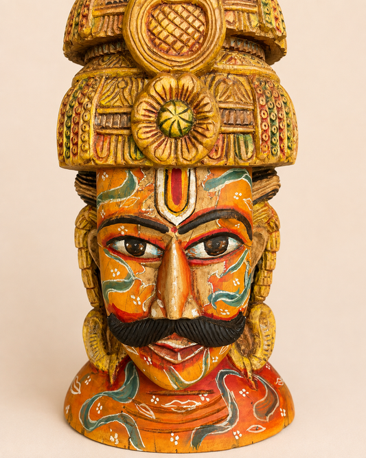 Handcrafted Wooden Maharaja Bust with Radha Krishna Artwork | Indian Royal Sculpture