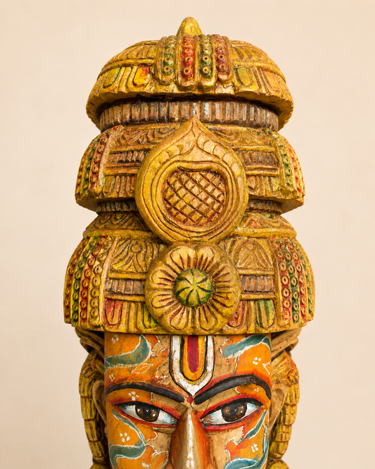 Handcrafted Wooden Maharaja Bust with Radha Krishna Artwork | Indian Royal Sculpture
