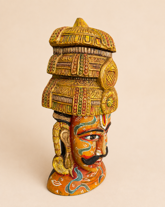 Handcrafted Wooden Maharaja Bust with Radha Krishna Artwork | Indian Royal Sculpture