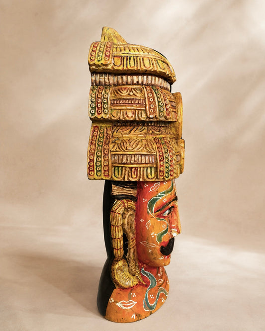 Handcrafted Wooden Maharaja Bust with Radha Krishna Artwork | Indian Royal Sculpture