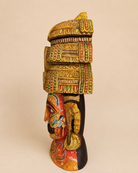 Handcrafted Wooden Maharaja Bust with Radha Krishna Artwork | Indian Royal Sculpture