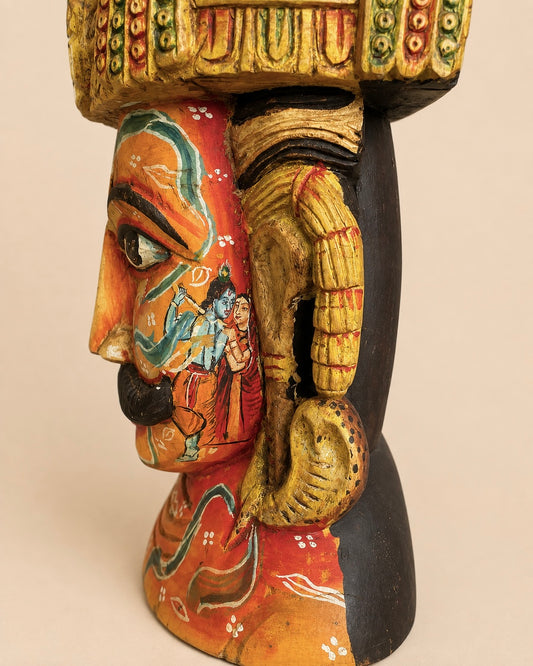 Handcrafted Wooden Maharaja Bust with Radha Krishna Artwork | Indian Royal Sculpture