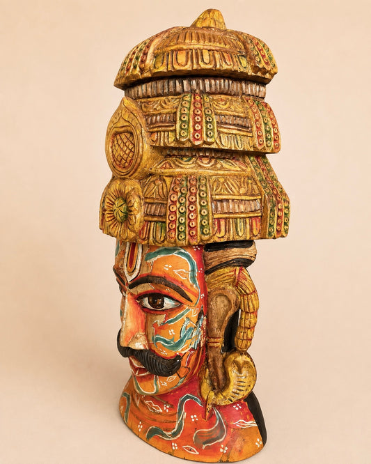 Handcrafted Wooden Maharaja Bust with Radha Krishna Artwork | Indian Royal Sculpture