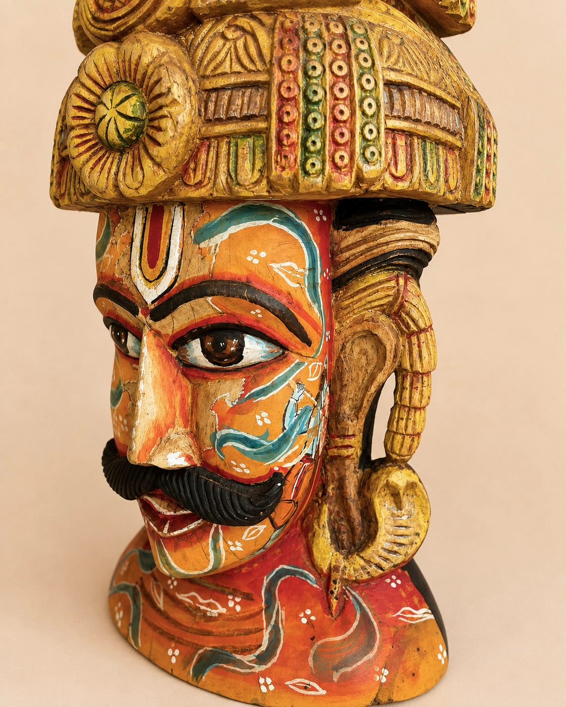 handcrafted wooden maharaja bust with radha krishna artwork | indian royal sculpture