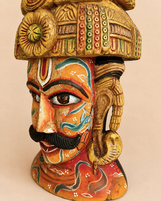 Handcrafted Wooden Maharaja Bust with Radha Krishna Artwork | Indian Royal Sculpture