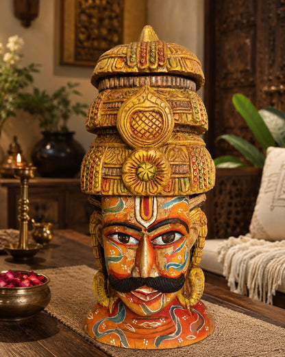 Handcrafted Wooden Maharaja Bust with Radha Krishna Artwork | Indian Royal Sculpture