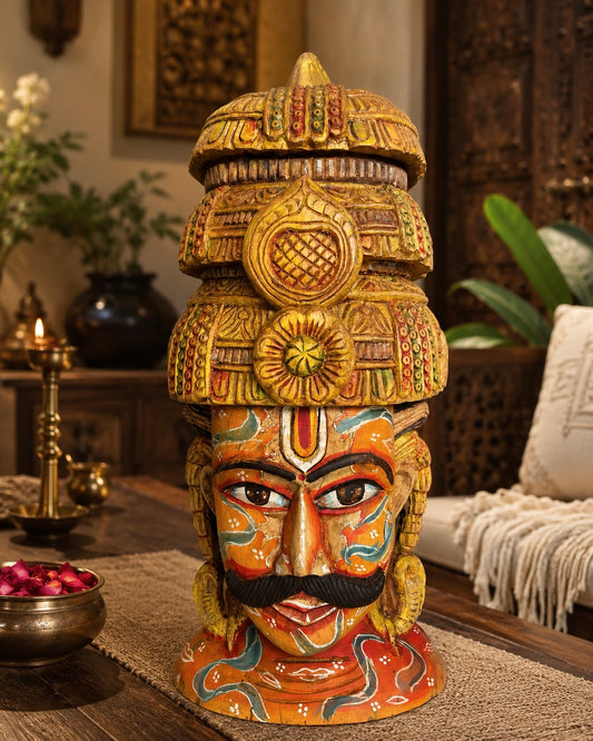 Handcrafted Wooden Maharaja Bust with Radha Krishna Artwork | Indian Royal Sculpture