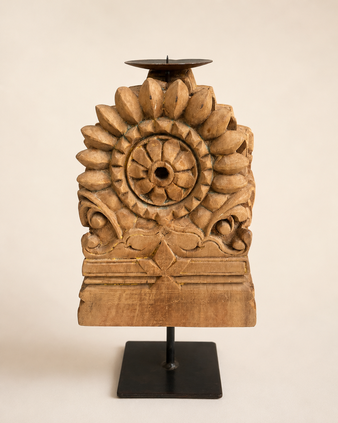 vintage hand-carved teak wood floral candle holder on iron stand