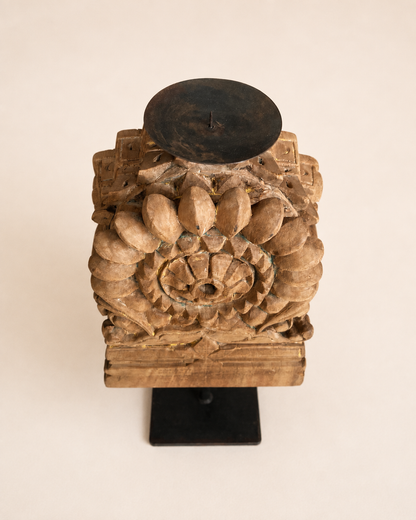 Vintage Hand-Carved Teak Wood Floral Candle Holder on Iron Stand