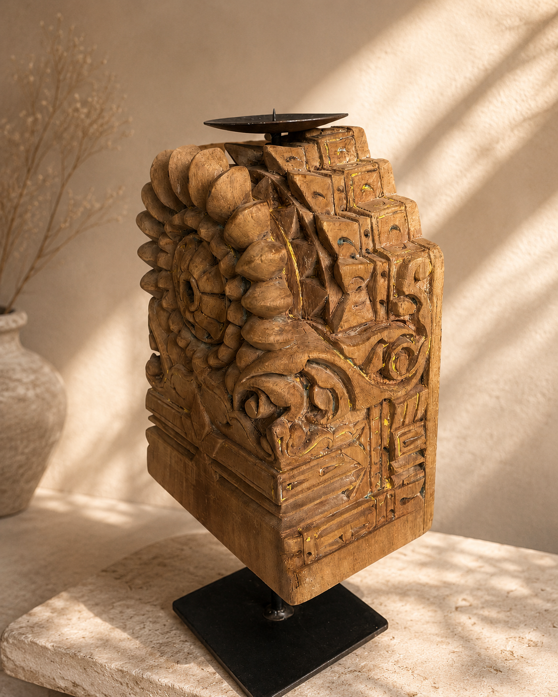 vintage hand-carved teak wood floral candle holder on iron stand