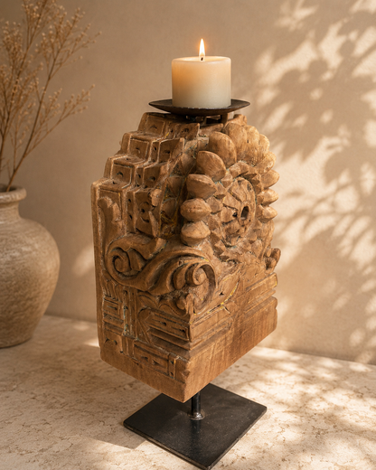 Vintage Hand-Carved Teak Wood Floral Candle Holder on Iron Stand