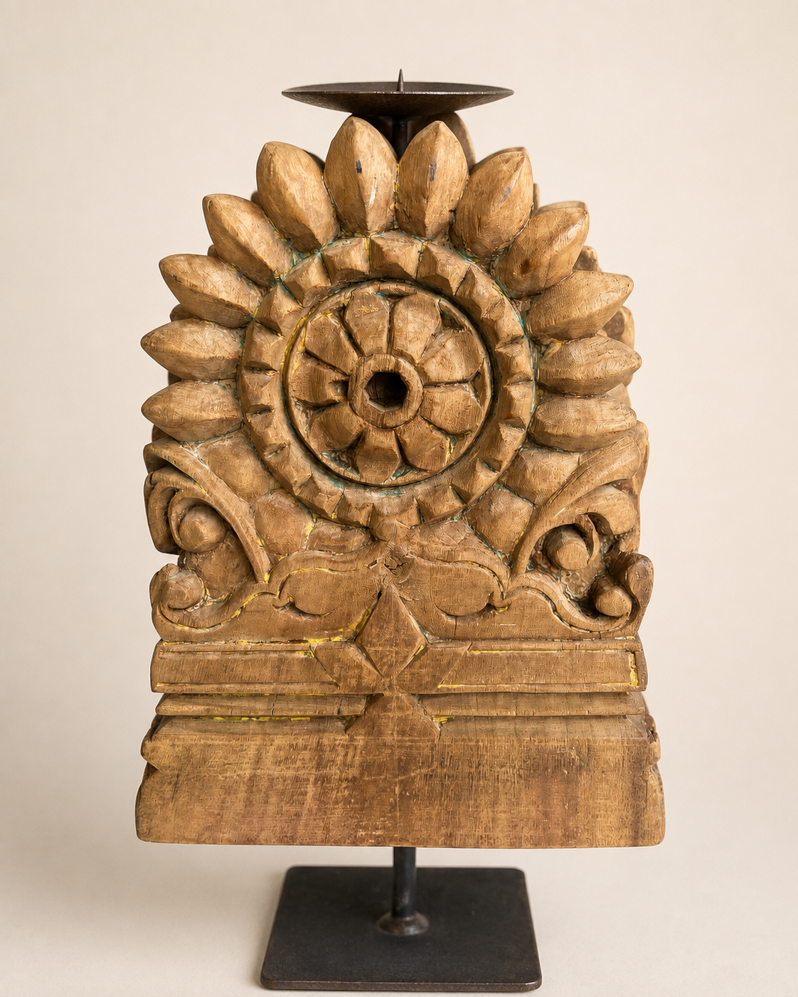 vintage hand-carved teak wood floral candle holder on iron stand