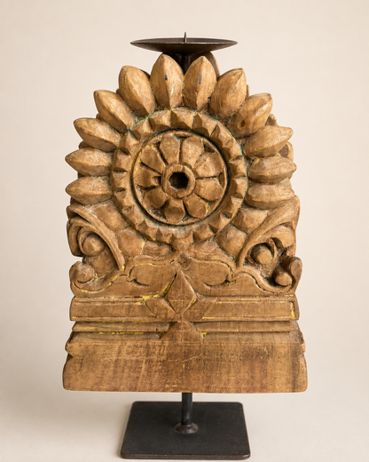 Vintage Hand-Carved Teak Wood Floral Candle Holder on Iron Stand