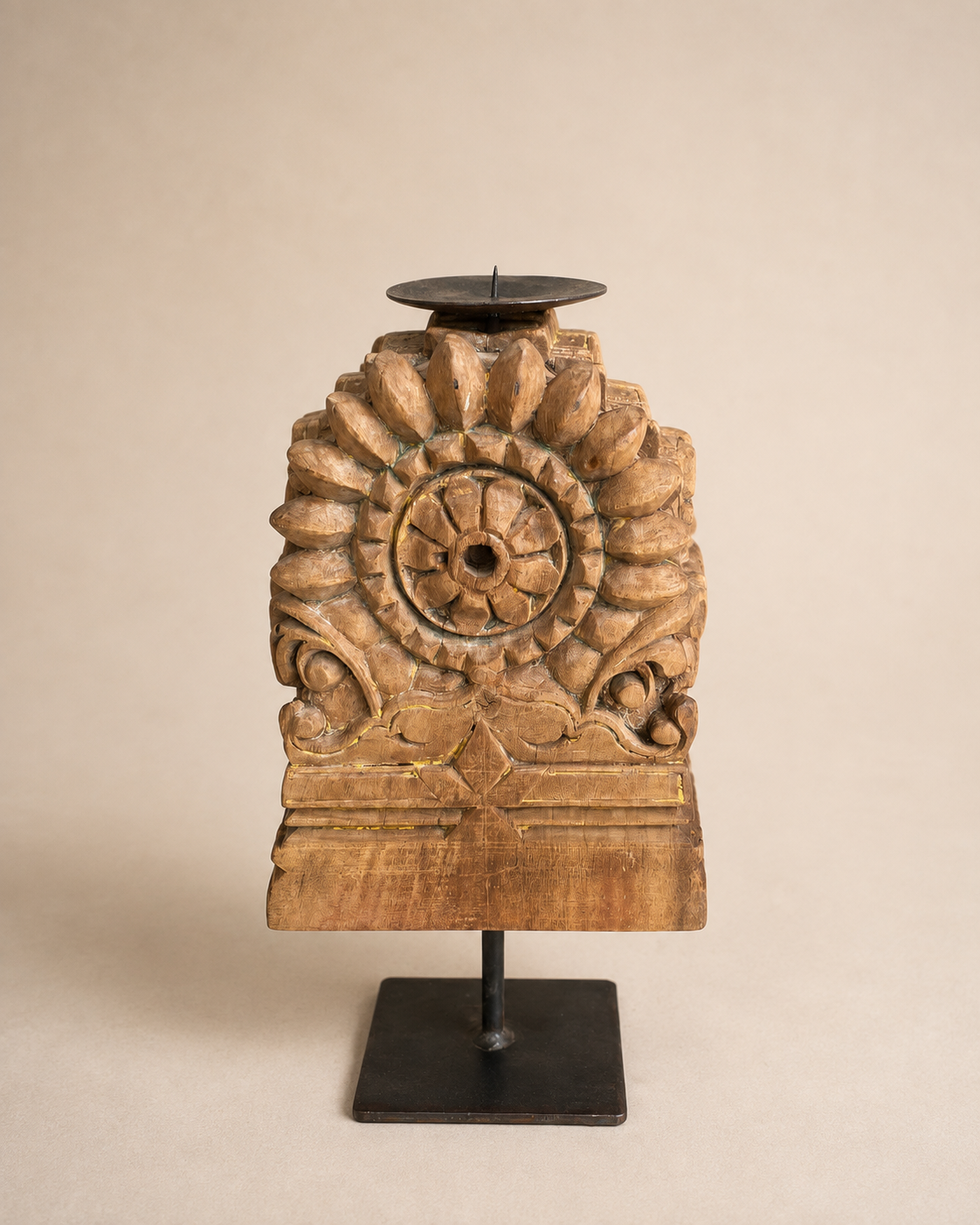 vintage hand-carved teak wood floral candle holder on iron stand