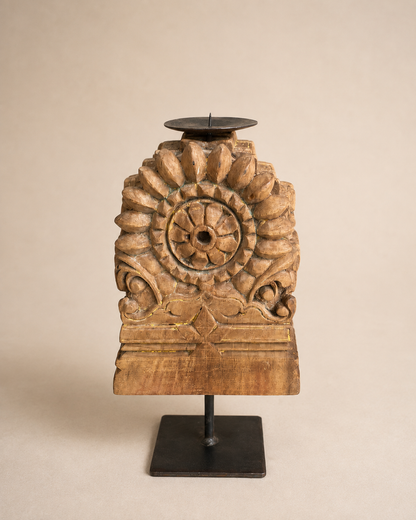 Vintage Hand-Carved Teak Wood Floral Candle Holder on Iron Stand
