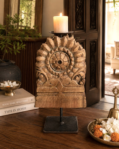 Vintage Hand-Carved Teak Wood Floral Candle Holder on Iron Stand