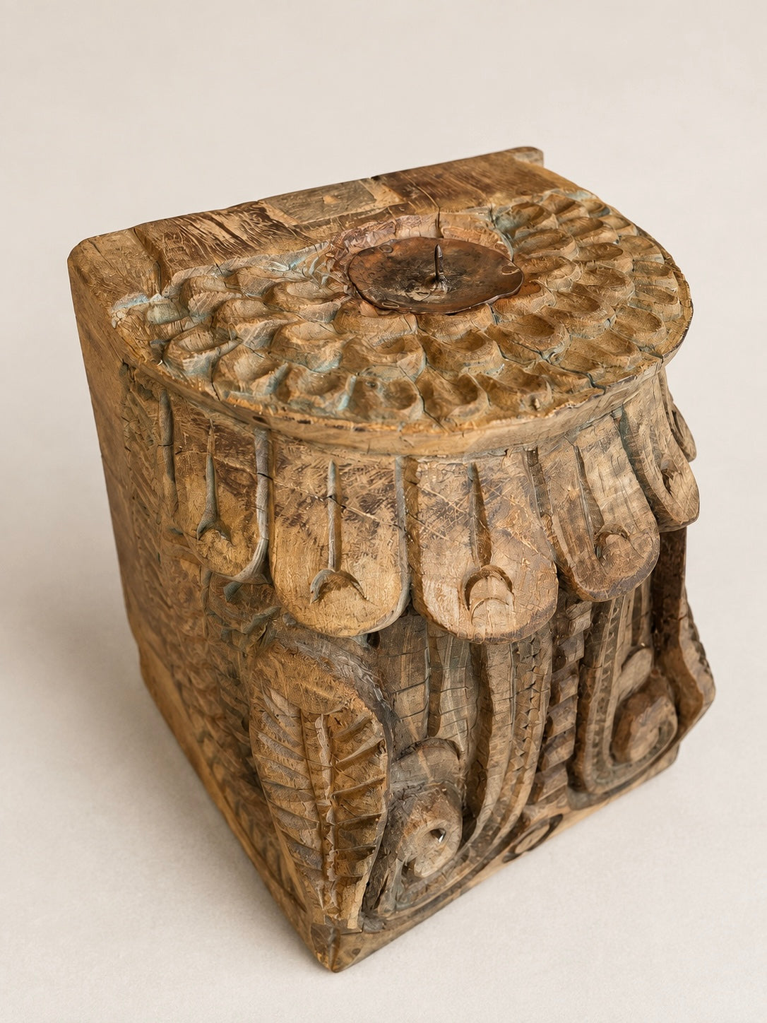 hand-carved teak wood architectural candle holder