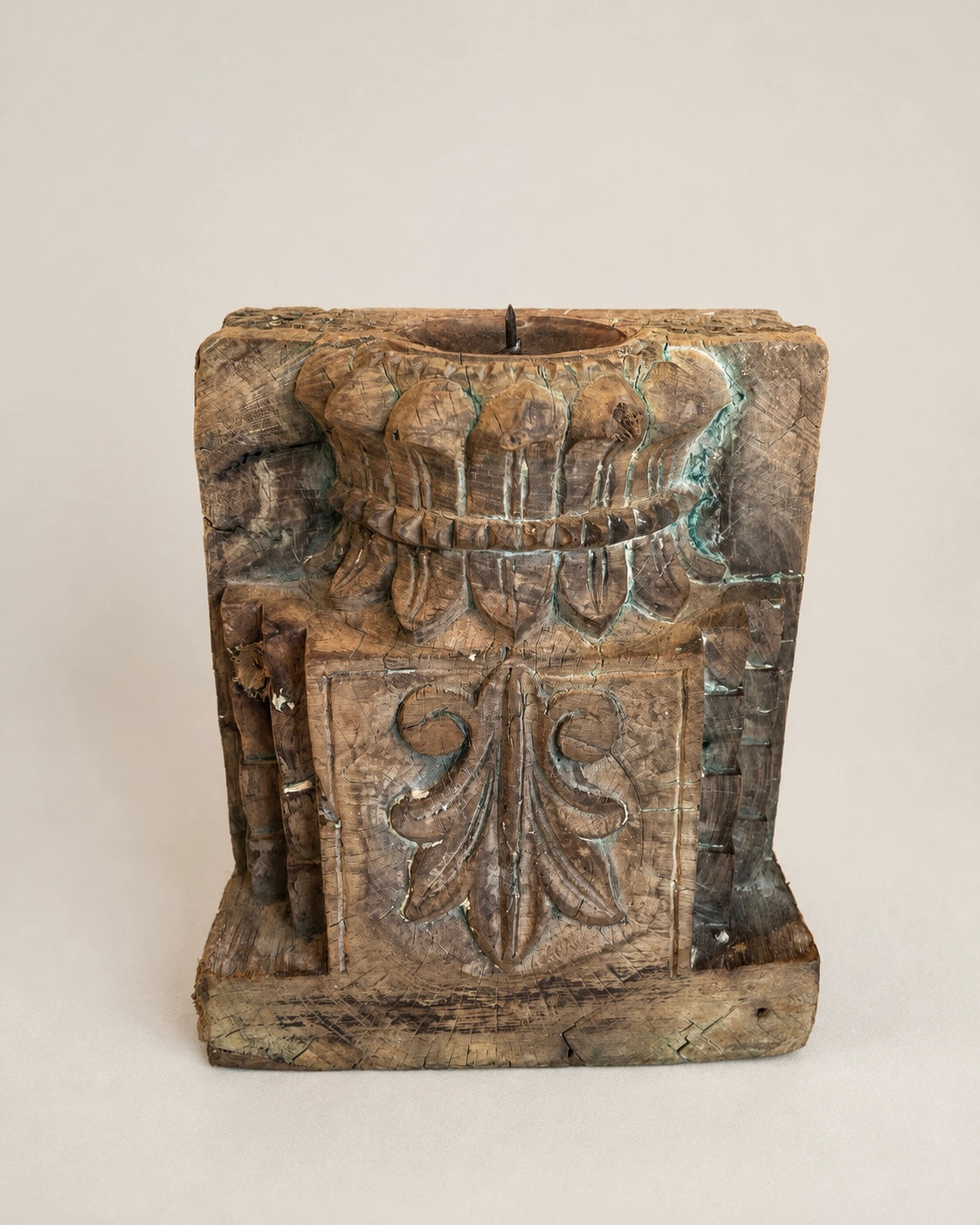 hand-carved floral wood candle / plant holder