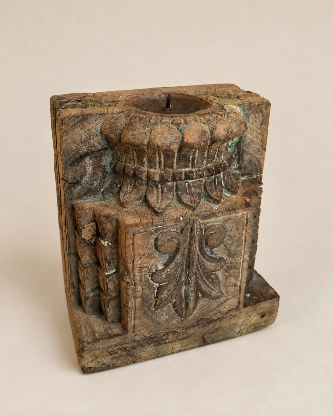hand-carved floral wood candle / plant holder