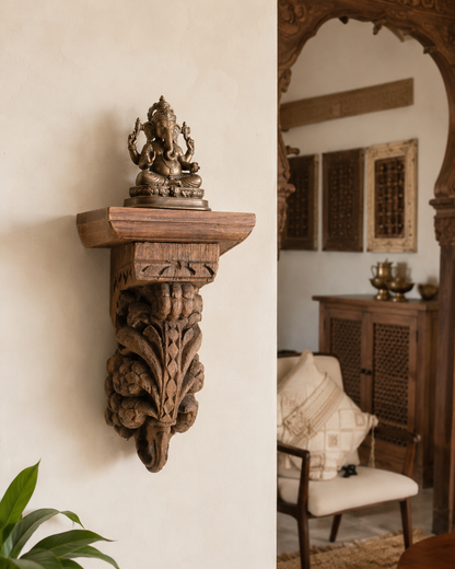 Hand-Carved Grapevine Teak Wood Wall Shelf