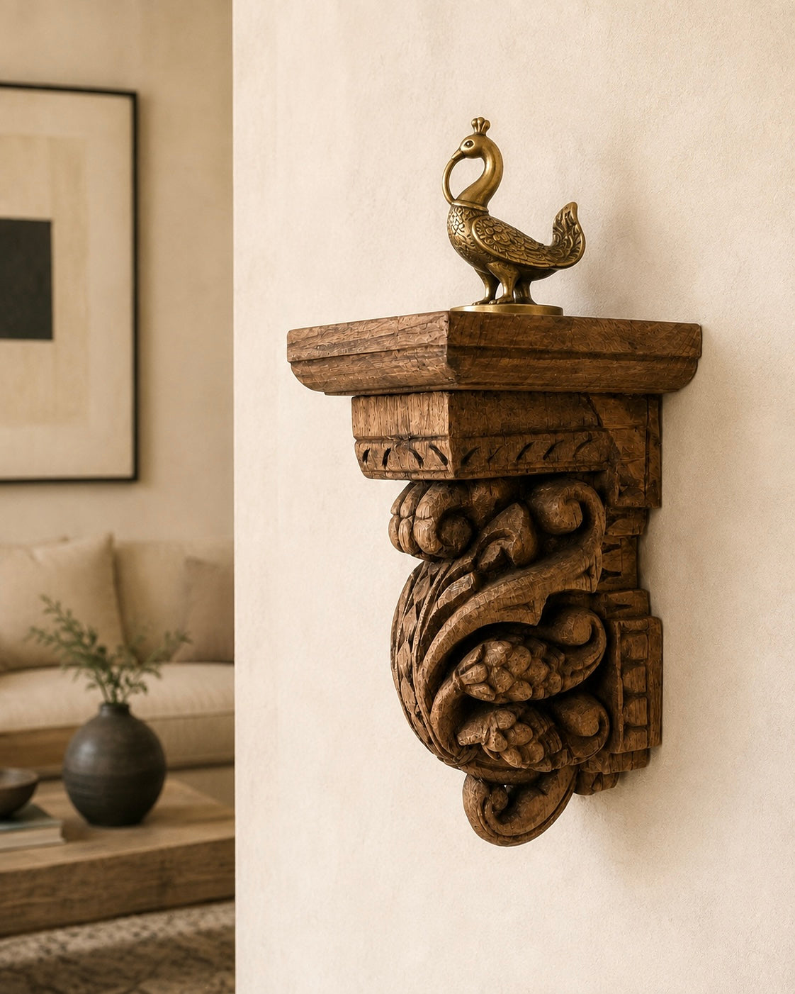 hand-carved grapevine teak wood wall shelf