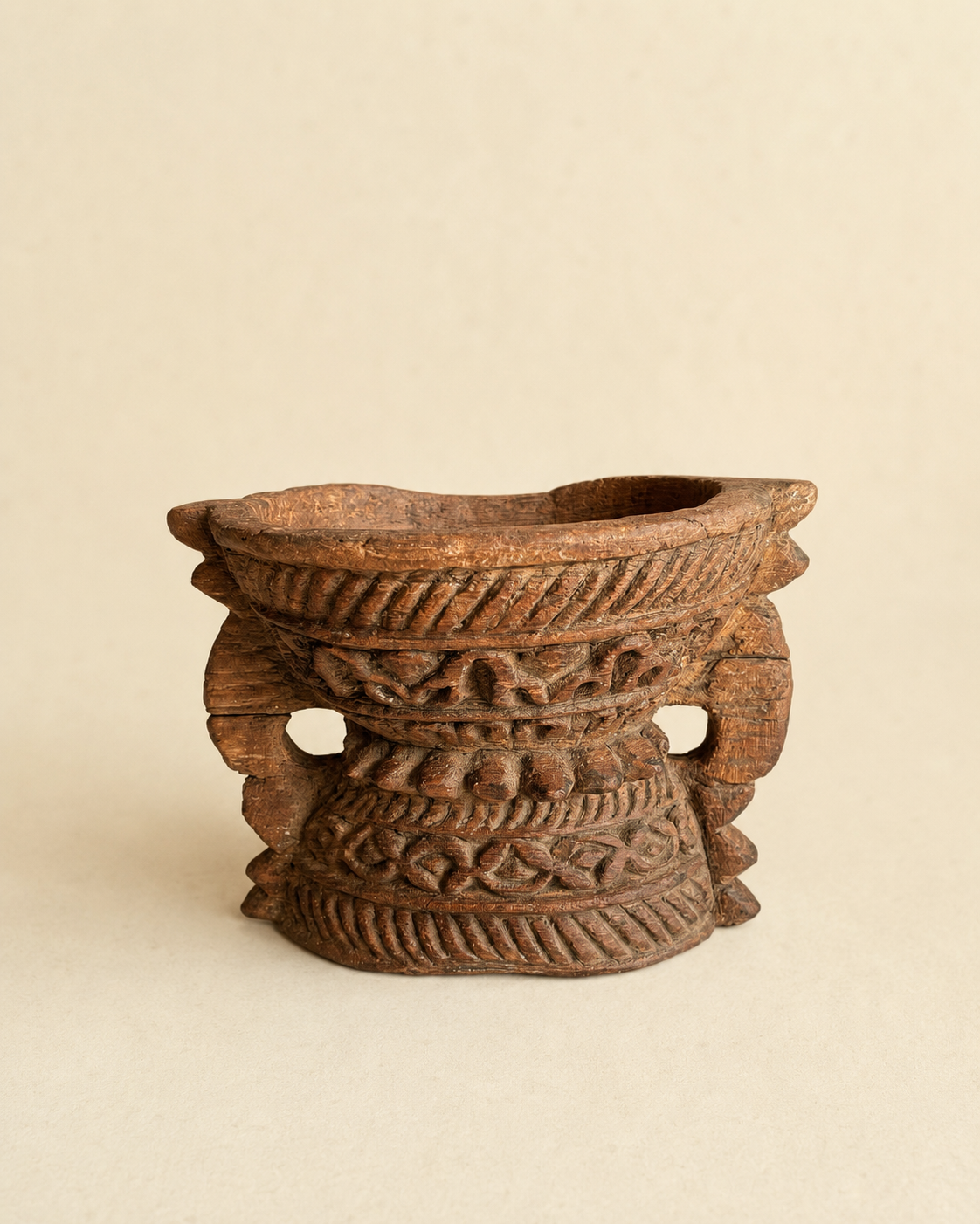 vintage old hand-carved wooden candle & plant holder