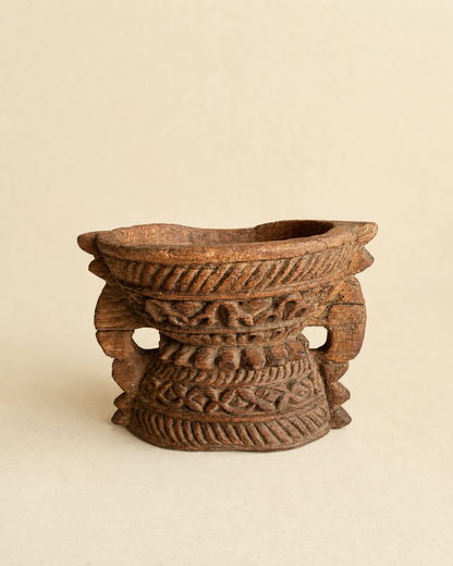 Vintage Old Hand-Carved Wooden Candle & Plant Holder
