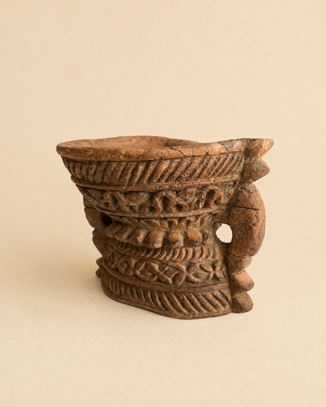 vintage old hand-carved wooden candle & plant holder