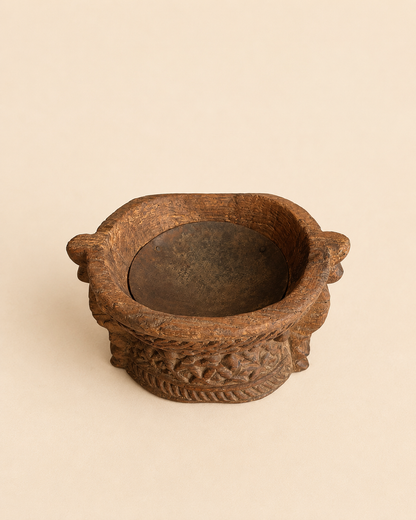 Vintage Old Hand-Carved Wooden Candle & Plant Holder