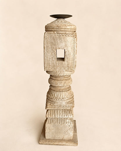 Vintage Carved Wooden Charpai Leg Candle Holder Bleach