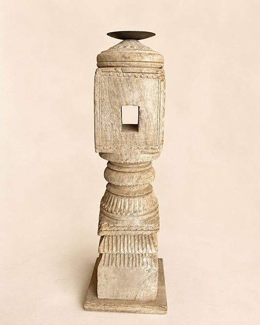 Vintage Carved Wooden Charpai Leg Candle Holder Bleach