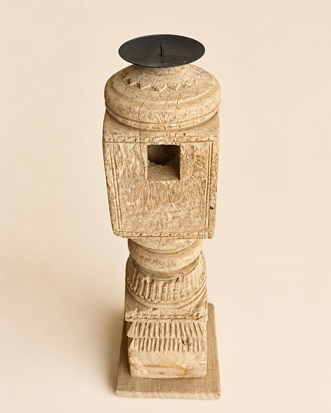 vintage carved wooden charpai leg candle holder bleach
