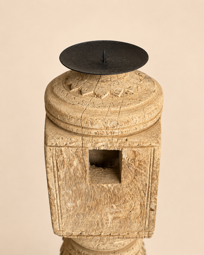 Vintage Carved Wooden Charpai Leg Candle Holder Bleach
