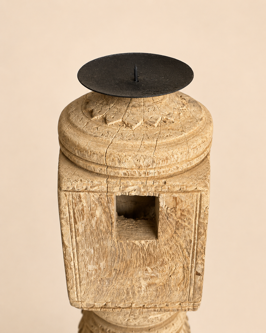 Vintage Carved Wooden Charpai Leg Candle Holder Bleach
