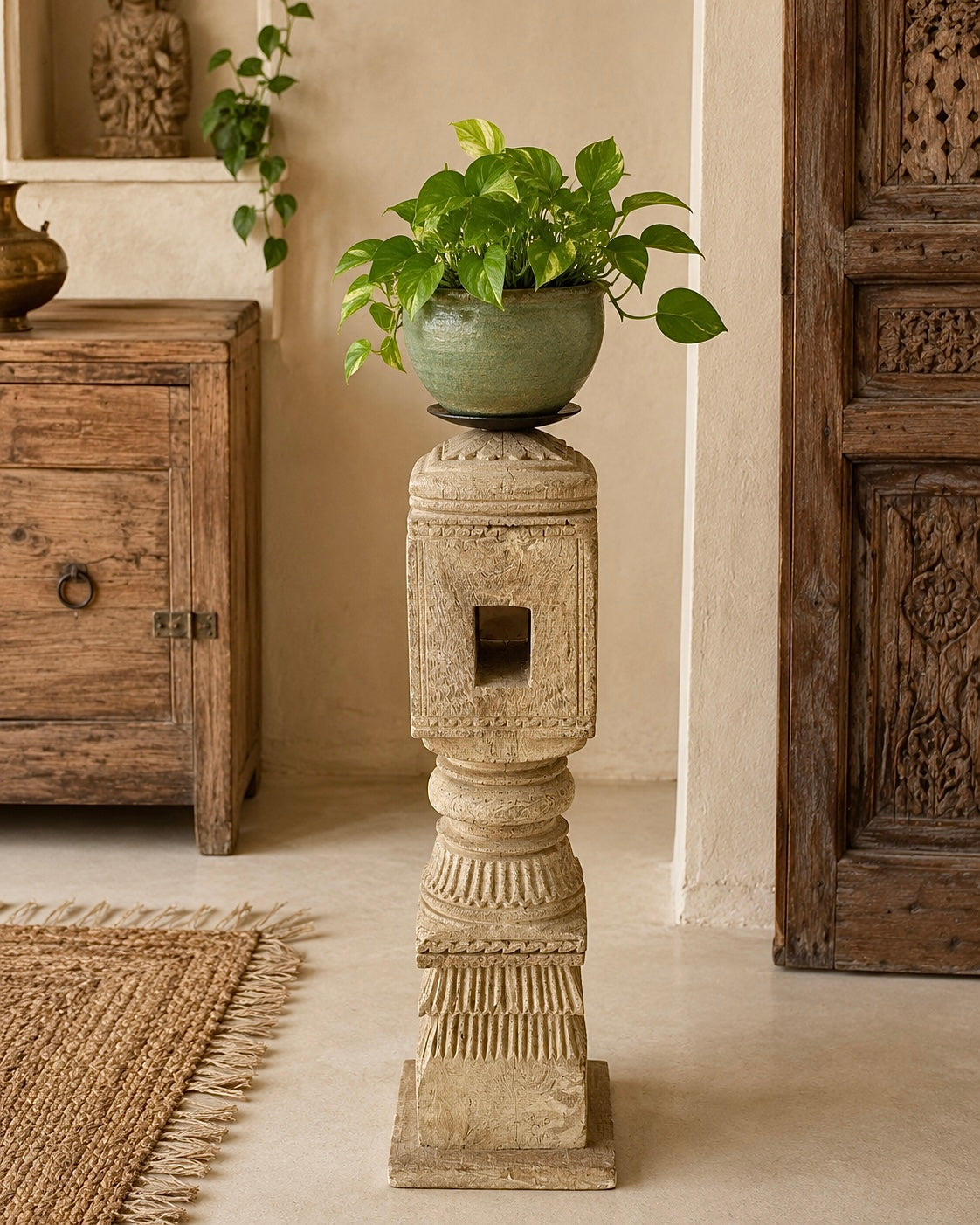 vintage carved wooden charpai leg candle holder bleach
