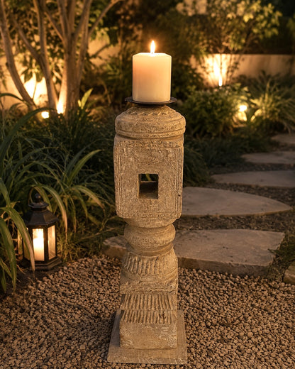 Vintage Carved Wooden Charpai Leg Candle Holder Bleach