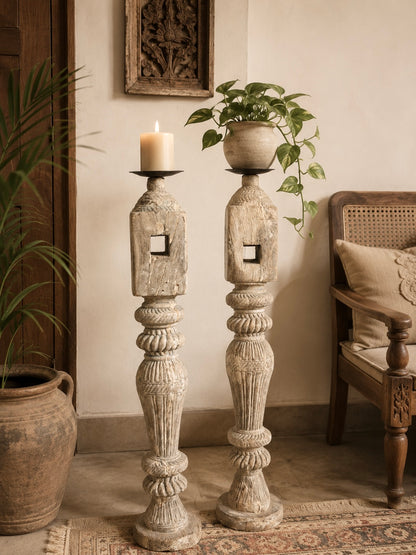 Vintage Old Charpai Leg Candle & Display Holder – Set of 2 | Bleach Finish