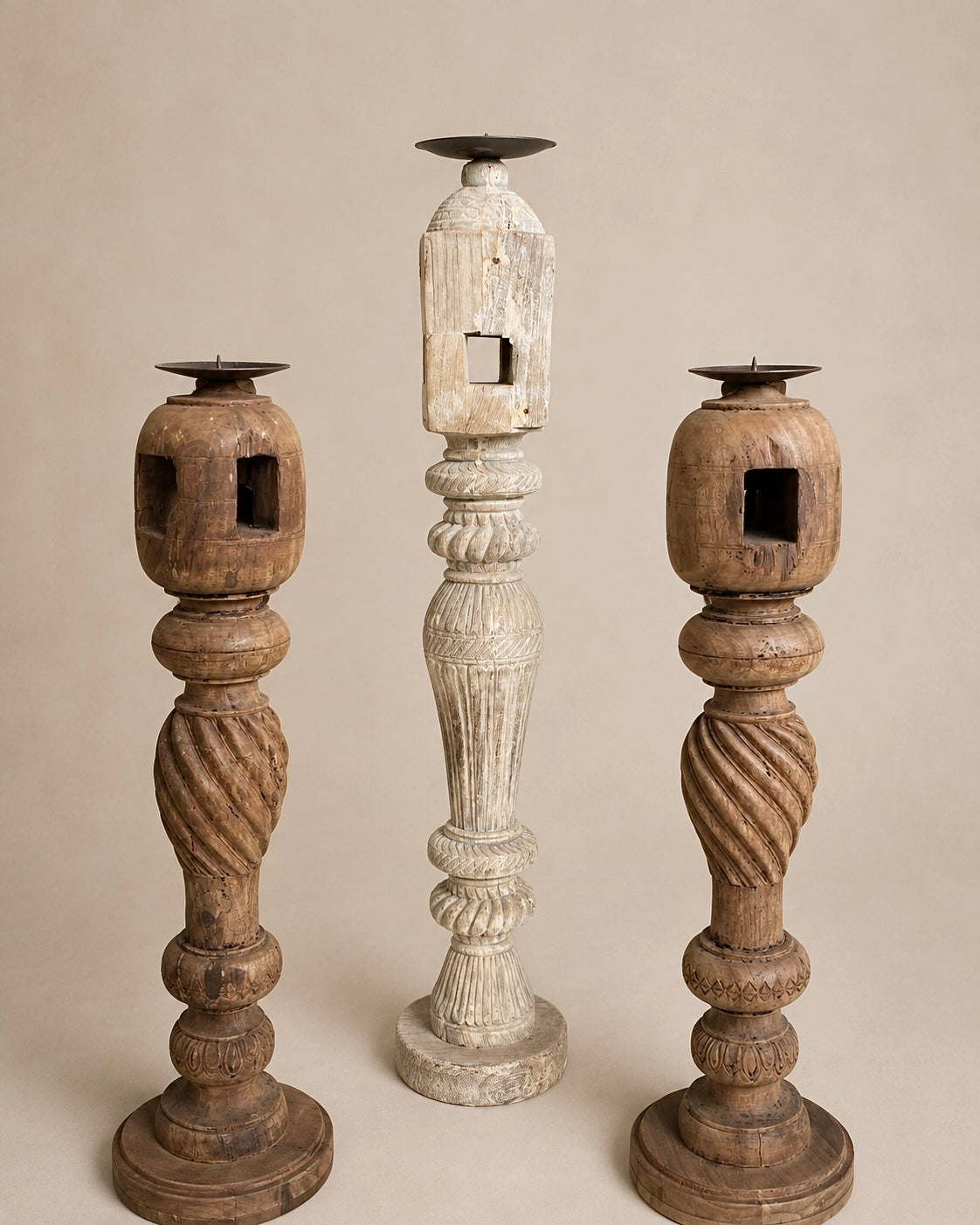 old charpai leg decorative holders – set of 3 | natural & bleach finish
